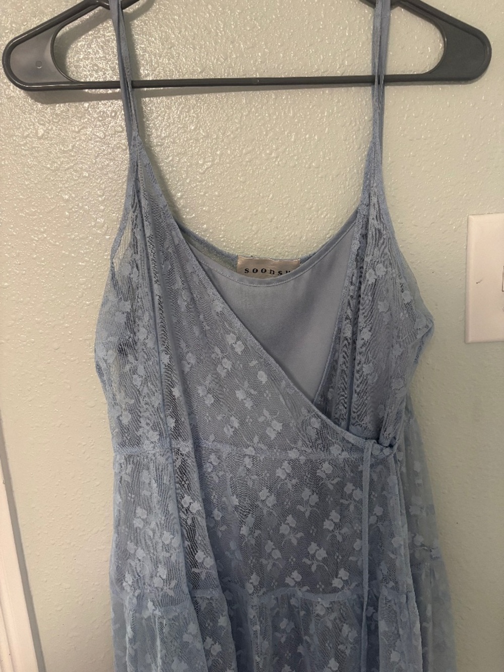 SoonSu Dusty Blue Floral Mesh Wrap Midi Dress
